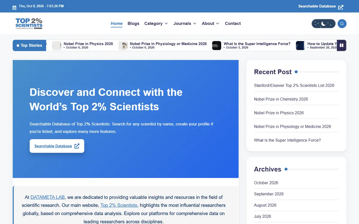 The Top2PercentScientists.com homepage, showing the hero banner 'Discover and Connect with the World's Top 2% Scientists' and the latest posts.