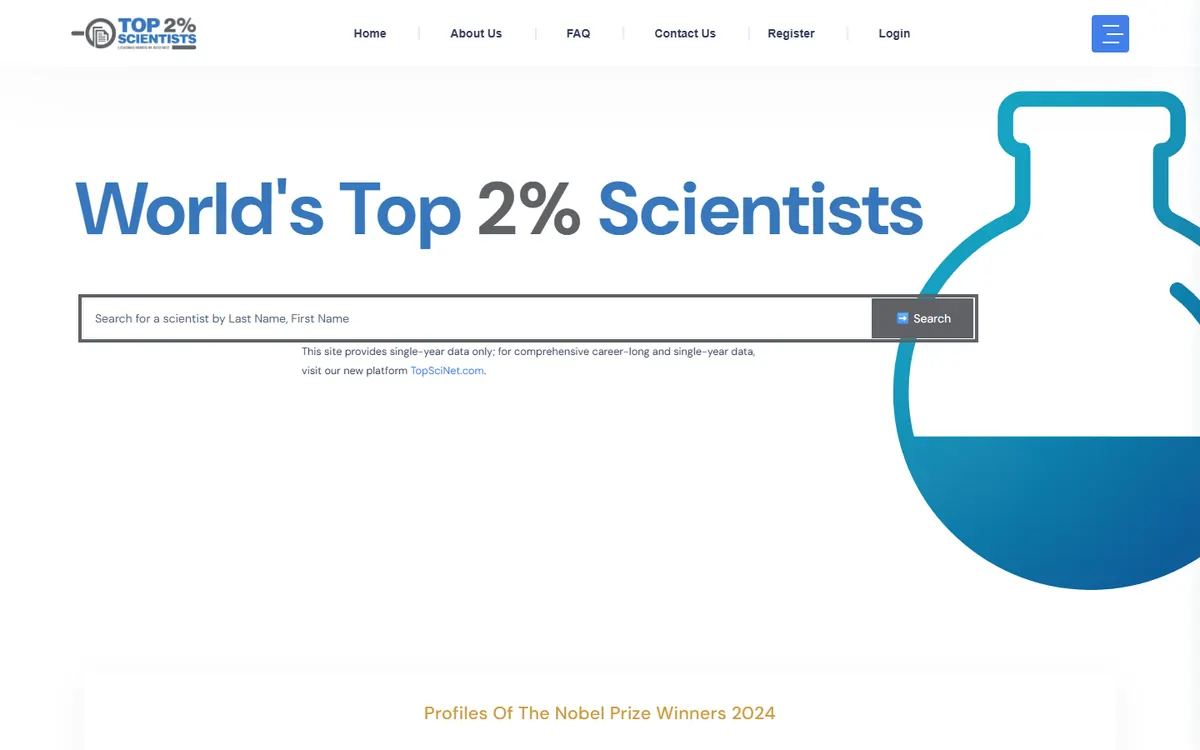 The TopResearchersList.com homepage, with the heading 'World's Top 2% Scientists' and a search box for 'Last Name, First Name'.