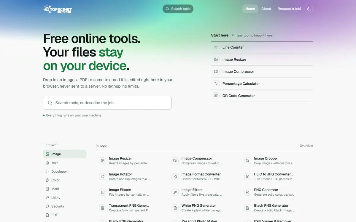 The TopSci.net Tools homepage, with the headline 'Free online tools. Your files stay on your device.', a tool search box and the image tools listed below.